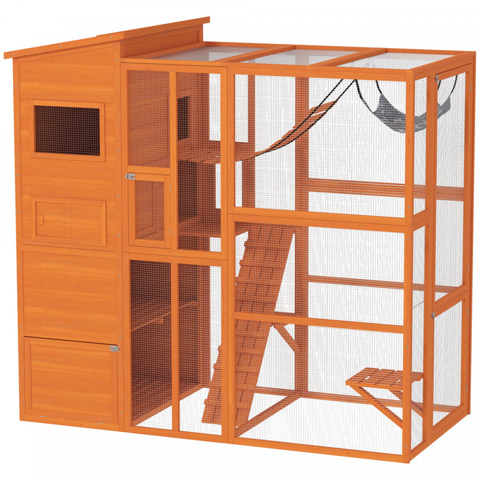 Pawhut Catio Outdoor Cat Enclosure, 76\" L Large Weatherproof Cat House With Cat Condo, Jumping Platforms, Ladder, Ramps, Hammock For 2-3 Indoor Cats, Orange