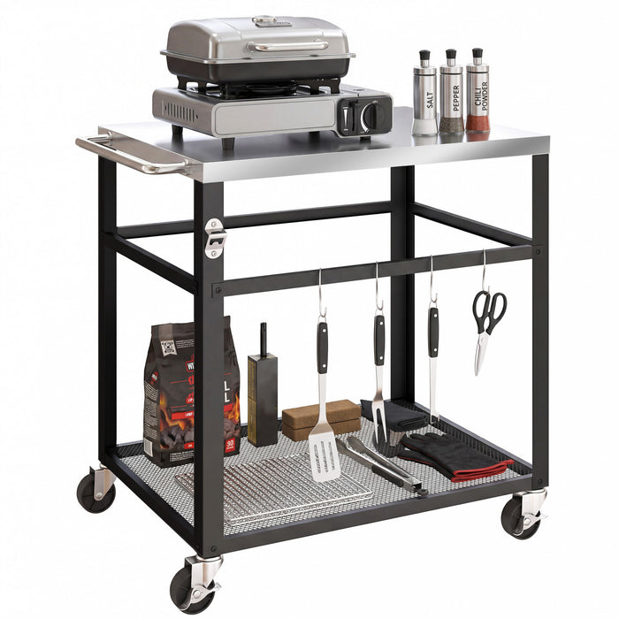 Outsunny Outdoor Grill Cart, Pizza Oven Stand with Stainless Steel Tabletop for Food Prep, 2-Tier Rolling Kitchen Prep Station with Hooks, Handle, Lockable Wheels, Black