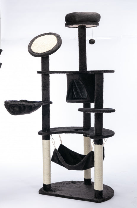 Pawhut 60 Inch Cat Tree For Large Cats Adult, Tall Cat Tower With Scratching Posts And 2 Hammocks, Multi-level Plush Kitten Condo For Indoor Cats With Dangling Balls, Dark Grey