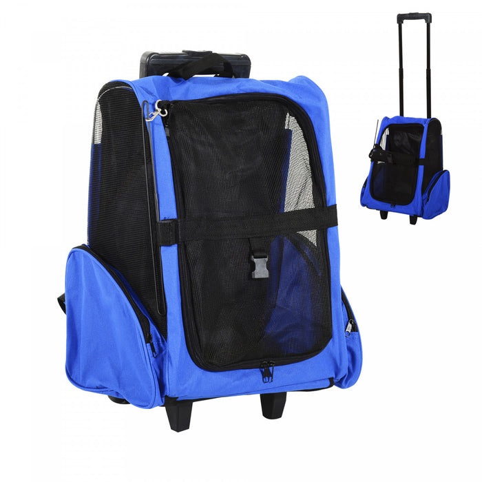 PawHut 2-IN-1 Pet Luggage Box Backpack Carrier Cats Dogs w/ Handle, Rolling Wheel Blue