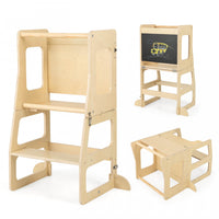 Costway 3-in-1 Foldable Kitchen Standing Tower For Toddlers With Chalkboard Weaning Table Natural