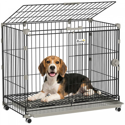 PawHut Dog Crate, 30 Inch Metal Dog Cage with Removable Tray, Lockable Wheels, 2 Doors for Small Medium Breeds, Black