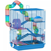 PawHut 5 Tiers Hamster Cage Portable Animal Travel Carrier Habitat with Exercise Wheels Play Tube Water Bottle Dishes House Ladder for Gerbils, Dark Blue