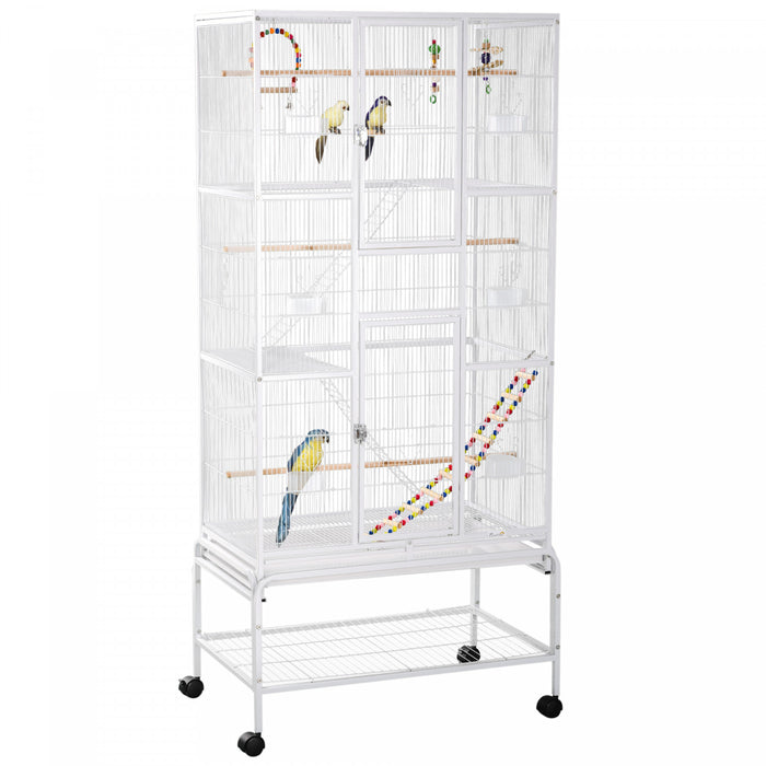 Pawhut 71\" Bird Cage, 3 Tier Large Parrot Cage With Wheels, Perches, Ramp, Storage Shelf, Toys For Canaries, Finches, Cockatiels, Parakeets, White