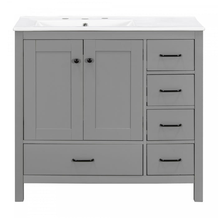 Derek 36 Inch Modern Bathroom Vanity with Ceramic Sink & Multi Storage, Grey