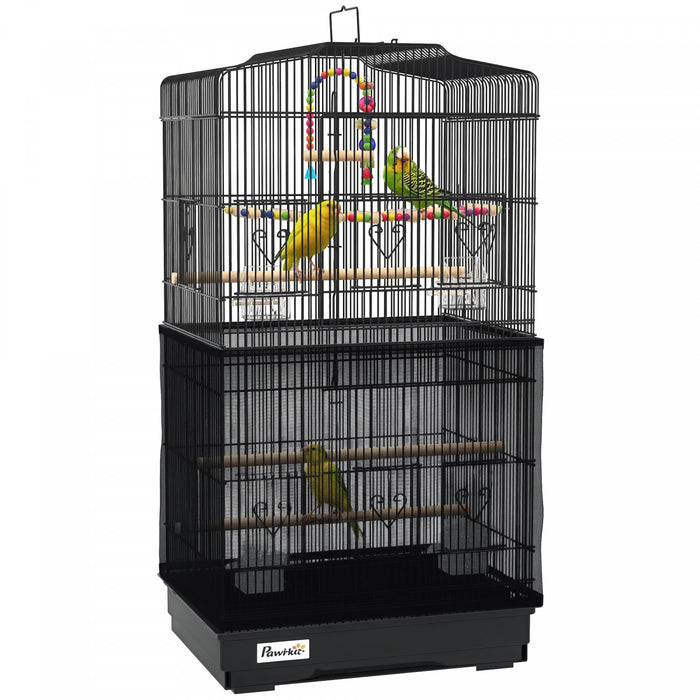 Pawhut 36\" Bird Cage For Finches, Canaries Budgies, Parrot Cage With Accessories, Handle, Mesh Cover, Tray, Black