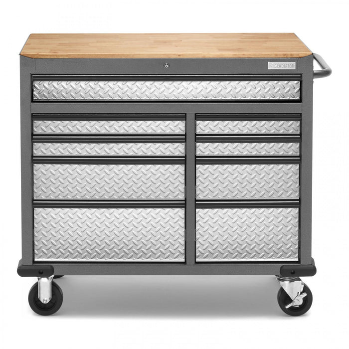 Gladiator Premier 41\" 9-Drawer Mobile Tool Workbench with Solid Wood Top - Silver Tread