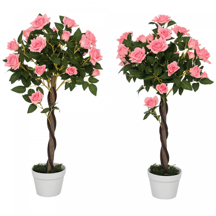 Outsunny Artificial Rose Tree Set of 2 with Realistic Flowers, Pink