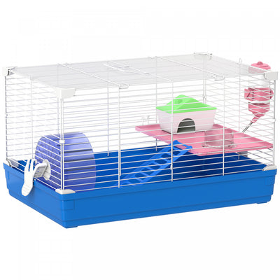 PawHut 18.5" Hamster Cage with Exercise Wheel and Water Bottle Dish, Rat House and Habitats 2 Storey Design, Blue