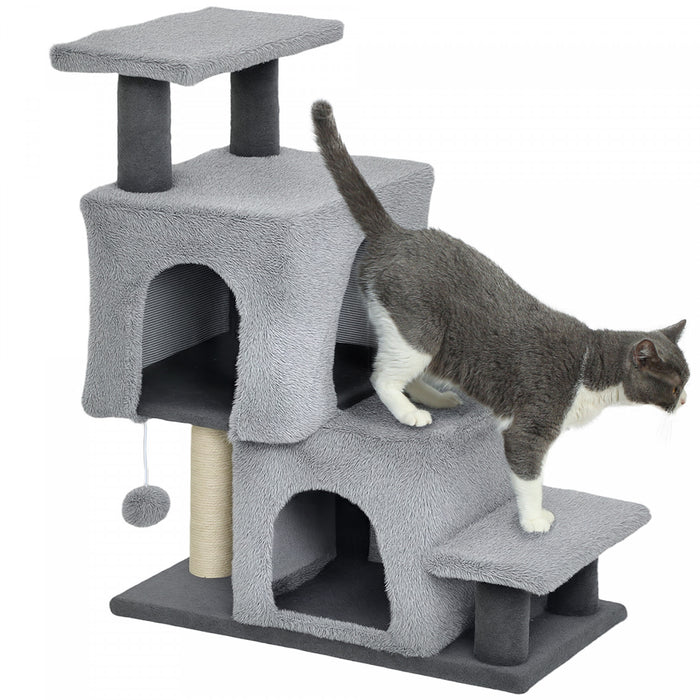 PawHut Adjustable Height Cat Stairs, 4-Step Pet Steps with Scratching Posts, Cat Condo, Hanging Ball, Dog Stairs for Sofa and High Bed, for Kittens and Small Dogs, Grey