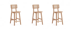 Versailles Industry Chic Cane Back Wood Counter Stool in Natural - Set of 3