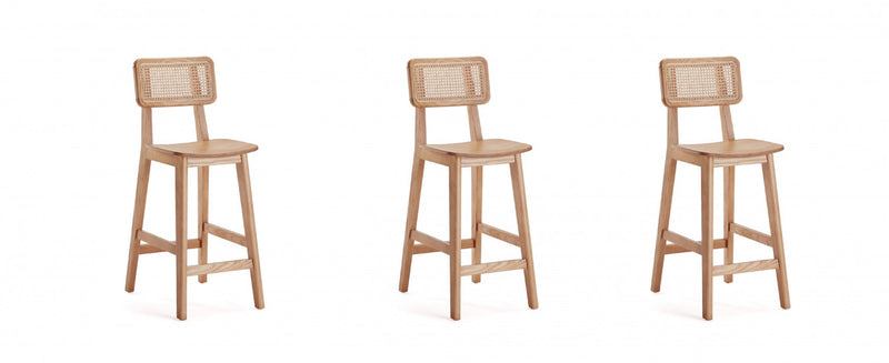 Versailles Industry Chic Cane Back Wood Counter Stool in Natural - Set of 3