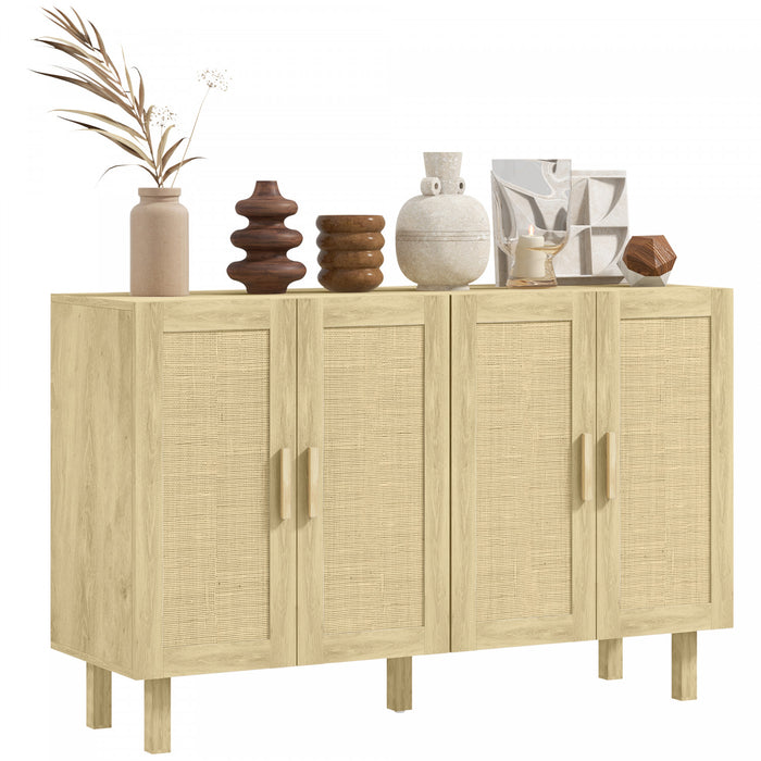 HOMCOM Boho Sideboard Buffet Cabinet with 4 Rattan Doors, Natural