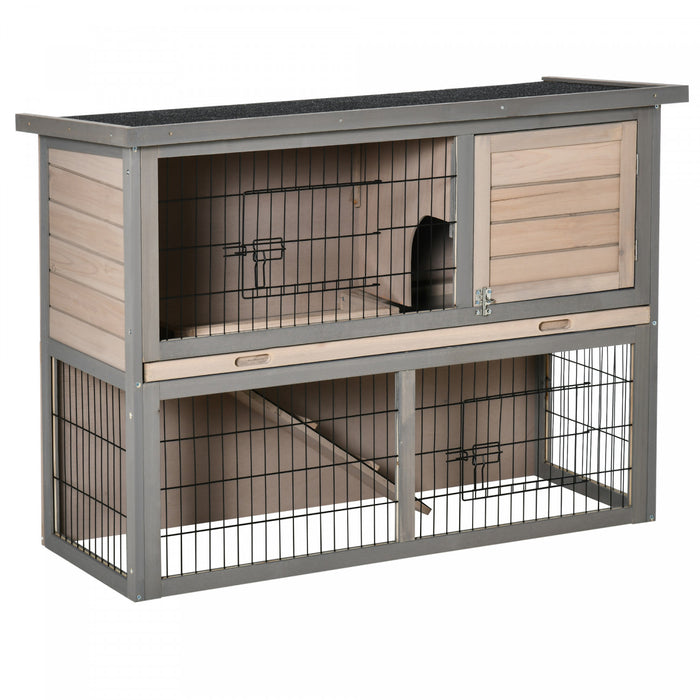 Pawhut 2-tier Wooden Rabbit Hutch Backyard Bunny Cage Habitat Small Animal House W/ Ramp, Slide Out Tray And Outdoor Run, Grey