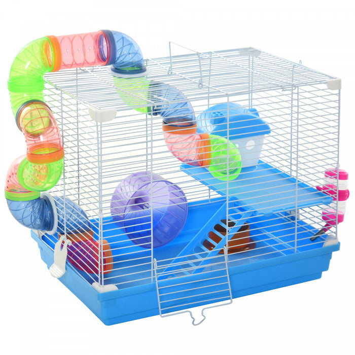 Pawhut 18\" Large Hamster Cage, Small Animal House, 2-level Gerbil Haven With Tunnel Tube System, Exercise Wheel, Water Bottle, Food Dish, Ramp, Blue