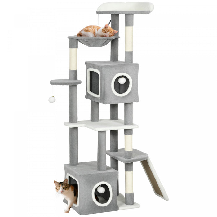 PawHut Cat Tree for Indoor Large Adult Cats, 65 Inch Kitty Tower Multi-Level with 2 Doors Condos, Plush Top Perch, Hammock, Sisal Scratching Posts, 4 Pompoms, Ramp, Grey
