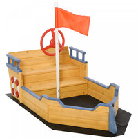 Kids Wooden Sandbox Pirate Ship Sandboat Outdoor Backyard Playset Children Play Station W/ Bench Sea