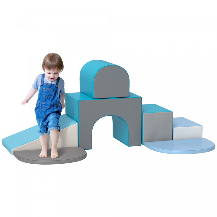 Qaba 7-piece Soft Play, Foam Climbing Blocks For Toddlers, Kids' Educational Climbing Crawling Toys, Kids Foam Play Set Stairs And Ramp, Blue/grey