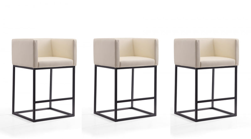 Embassy Mid-Century Modern Metal Upholstered Counter Stool in Cream - Set of 3