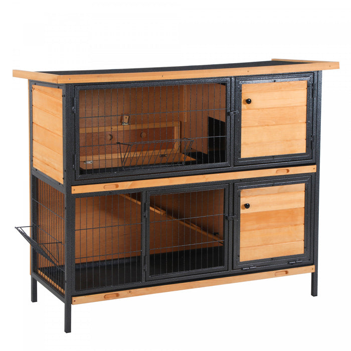 Pawhut 48\" 2-floor Large Rabbit Hutch Wooden Pet House Metal Frame Bunny Cage Small Animal Habitat With Ramp Feeding Trough Lockable Doors Run Area Asphalt Roof For Outdoor Use