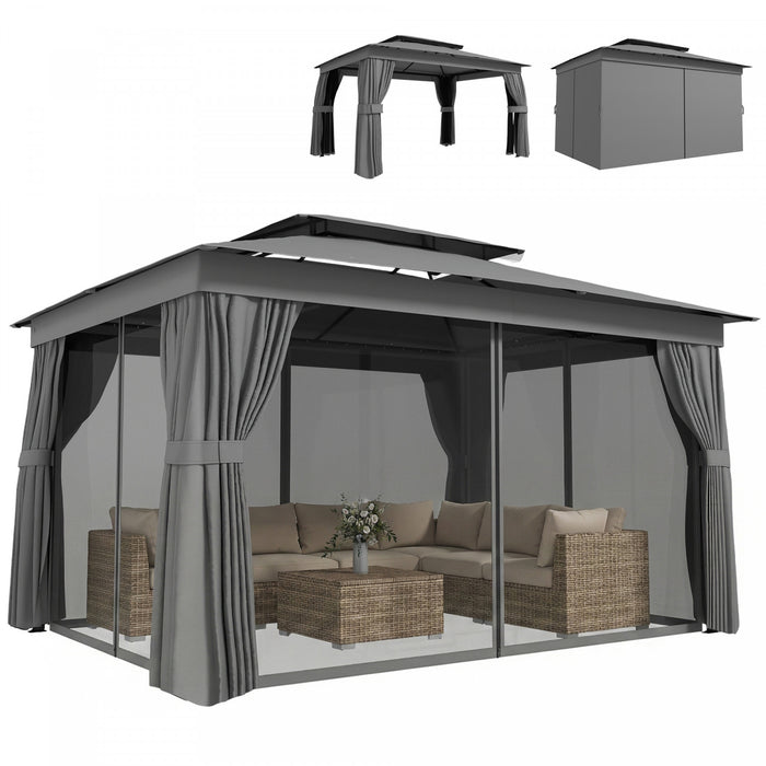 Outsunny 10'x12.5' Patio Outdoor Gazebo with Curtains, Netting, Double Roof