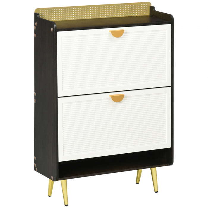 HOMCOM Modern Shoe Cabinet with Two Flip Drawers Bamboo Door White