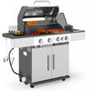Outsunny 4+1 Burner Liquid Propane Gas Grill Outdoor Portable BBQ with Side Burner, Warming Rack, Storage Cabinet, Side Shelf, Thermometer, Tank Holder, 4 Wheels, Silver