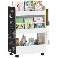 Qaba Kids Bookshelf with Wheels, Double-Sided Book Rack Display with Blackboard, Kids Bookcase Toy Storage Organizer for Nursery, Playroom, Classroom, for 3-8 Years, White