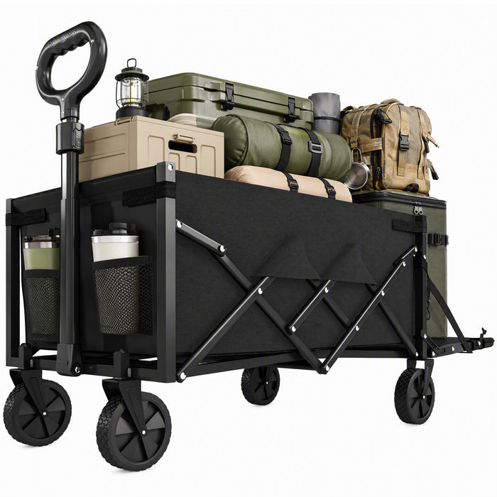 Outsunny 16 Gallon Folding Wagon Cart with Wheels, Heavy-Duty Collapsible Wagon with Drop-Down Tailgate, Adjustable Handle and Cup Holders, for Camping, Garden, Beach, Black