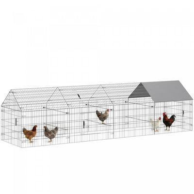 PawHut Metal Chicken Coop, 14' x 3.5' x 3.6' Large Chicken Run with Water-Resistant & Anti-UV Cover, Outdoor Poultry Cage with 6 Doors for 4-6 Hens, Rabbits, Ducks, Geese