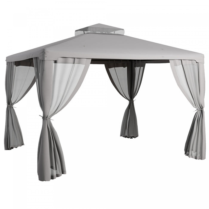 12' Outdoor Patio Gazebo Pavilion Canopy Tent With Netting, Light Grey