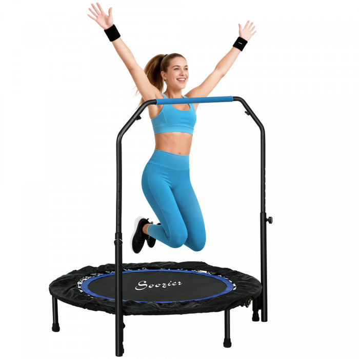 Soozier 40\" Foldable Rebounder Trampoline for Adult, Mini Trampoline Indoor and Outdoor with 4 Level Adjustable U-Shaped Foam Handle, Quiet and Safe Bungee Rebounder, Blue