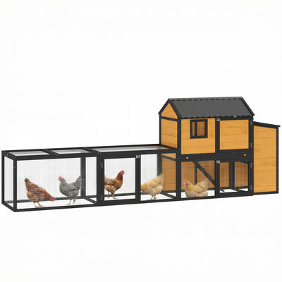 PawHut Large Chicken Coop, 134"L Wooden Chicken House with Run, Nesting Box, Slide-Out Tray, Waterproof Roof and Ramp, Hen House Rabbit Hutch for 4-6 Hens, Rabbits, Yellow