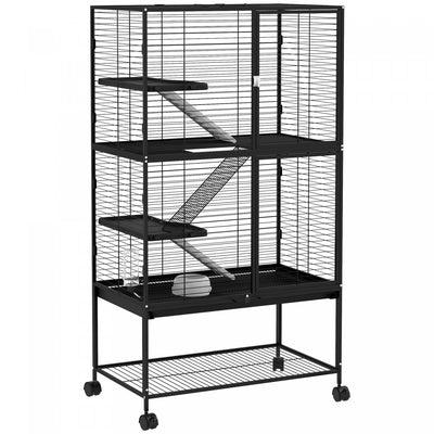 PawHut Guinea Pig Ferret Chinchilla Cage with Wheels, Pet Playpen for Rat, Kitten with Bottom Storage Shelf, Removable Tray, Ramp, 31" x 18" x 54", Black