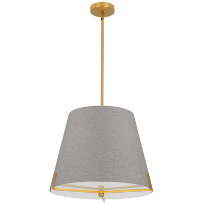 Dainolite Preston 4 Light Pendant 19" Dia Aged Brass Grey Fabric Shade Lamp|Luminaire suspendu Preston de Dainolite de 19 po de diamètre avec abat-jour en tissu gris, fini laiton vieilli et 4 ampoules