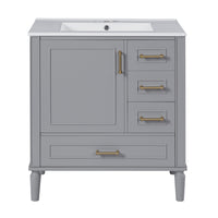 Emerson 30 Inch Bathroom Vanity with Ceramic Sink and Three Drawers, Grey