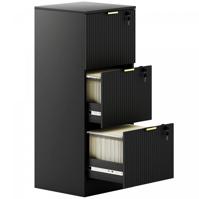 HOMCOM 3 Drawer File Cabinet Fluted Vertical Filing Cabinet with Lock Black