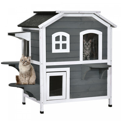 Pawhut Wood Outdoor Cat House 2-stories Catio For Cats With Indoor Lounge Space, Fun Entrances, Grey|Maison Pour Chat En Bois Massif Pawhut A 2 Etages, Avec Espace Salon Interieur, Interieur/exterieur