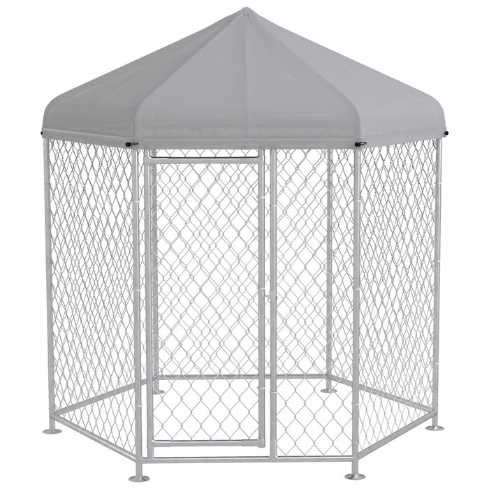 Pawhut Outdoor Dog Kennel Dog Run With Waterproof, Uv Resistant Cover For Medium And Large Sized Dogs, 6.9' X 6.1' X 7', Silver