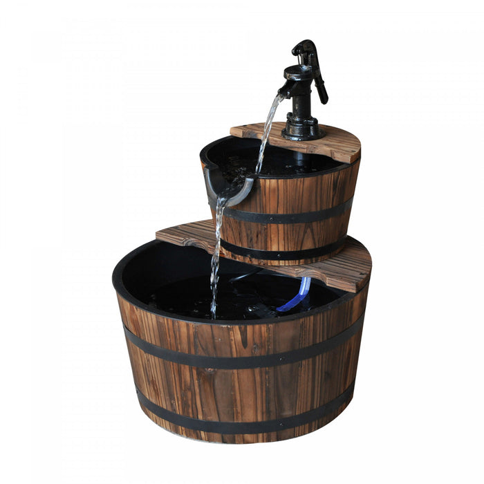 Outsunny 2-tier Wooden Barrel Water Fountain With Electric Pump, 23\" Tall Cascading Feature Outdoor Indoor Decoration