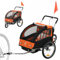Aosom 2-Seat Bike Trailer for Kids, 2-in-1 Baby Stroller Bicycle Trailer 88 lbs Load with 5-Point Harness, Rubber Wheels, Storage, Safety Flag, Reflectors, Foldable Frame, Orange