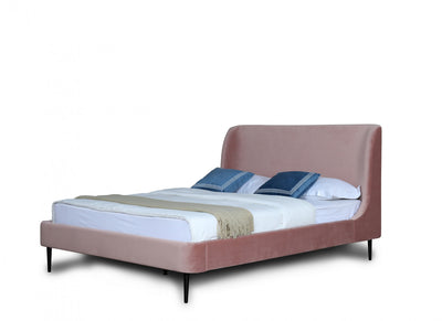Heather Mid-Century Modern Velvet Upholstered Full Bed in Blush and Black | Lit double Heather style milieu du siecle moderne, rembourre en velours, coloris rose poudre et noir