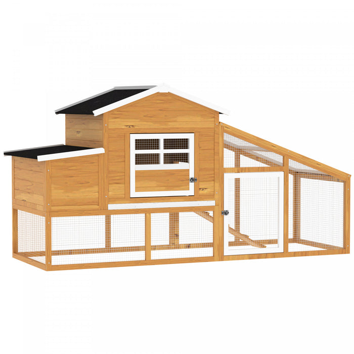 PawHut 79\" Wooden Chicken Coop, Outdoor Hen House, Poultry Habitat with Removable Tray, Nesting Box, Run, Ramp, Brown