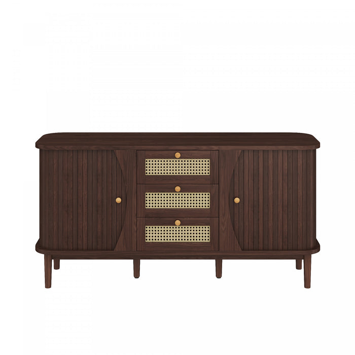 James 55.3\" Modern Minimalist Wood Cabinet with Sliding Doors and Adjustable Shelves,Dark Brown Accent Cabinet