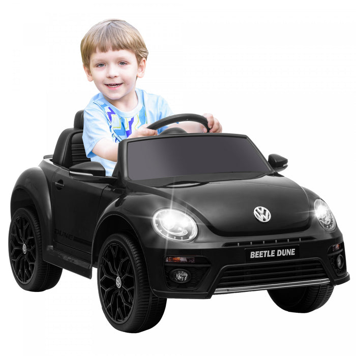 Qaba 12v Electric Car For Kids, Volkswagen Beetle Licensed Battery Powered Ride-On Kids Car With Parent Remote Control, 4 Spring Suspension Wheels, Soft Start, Headlights, Fm Radio, Black
