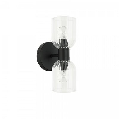 Dainolite Vienna 2 Light Incandescent Wall Sconce Matte Black Clear Ribbed Glass Lamp|Applique murale Vienna de Dainolite en verre côtelé transparent, avec fini noir mat et 2 ampoules incandescentes