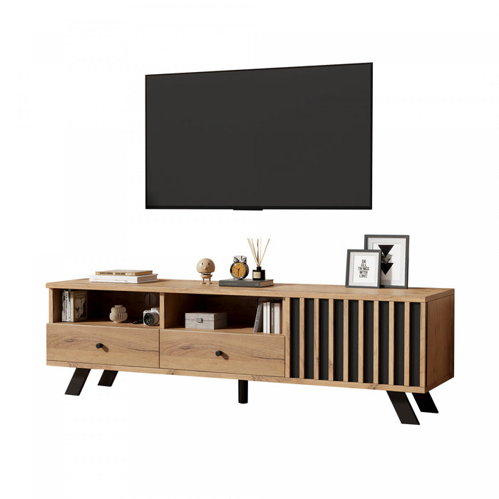 Lucas TV Stand with Storage Drawers and Open Shelving,Natural