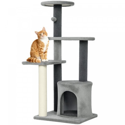 PawHut 41"H Large Cat Tree for Indoor Kittens and Adults, Cat Tower Multi-Level with Sisal Scratching Post, House, Jumping Platforms, Toy Ball, Grey