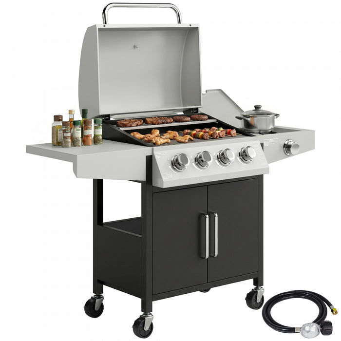 Outsunny 4+1 Burner Liquid Propane Gas Grill, 48,000 BTU Outdoor Portable BBQ Grill with Side Burner, Warming Rack, Side Shelf, Storage Cabinet, Thermometer, 4 Wheels, Silver