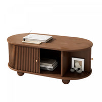 Ethan Oval Coffee Table with Sliding Doors and Hidden Storage,Dark Wood 
